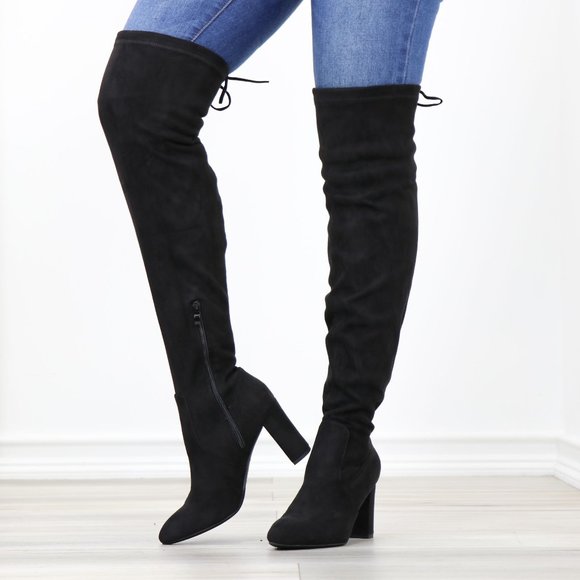 Pointy Toe Black Faux Suede Thigh High Over The Knee Block High Heel Boots - Picture 13 of 15